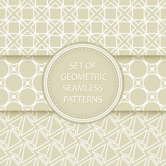 Compilation of geometric seamless patterns. Olive green and white mixed shapes backgrounds