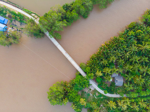 Aerial Top Down View Bridge Over Muddy Water Canal In The Mekong River Delta Region, Ben Tre, South Vietnam. Tropical Islands Lush Green Coconut Tree Plantantion.