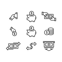 Money icon set simple outline flat symbols illustration