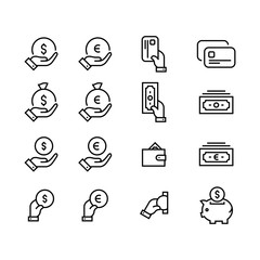 Money icon set simple outline flat symbols illustration