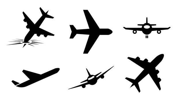 Set of airplane, black silhouette, simply flat icon on white background.