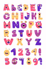 Obraz na płótnie Canvas English alphabet with funny monsters. Educational illustration. Different colors. All elements are isolated.