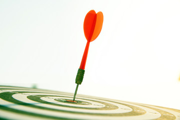 Close up red color arrow in the center of Bullseye concept of business goal and capability.