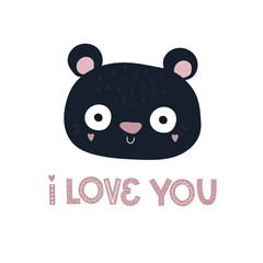 valentines day, cute blue bear, greetings template, pink love lettering vector illustration