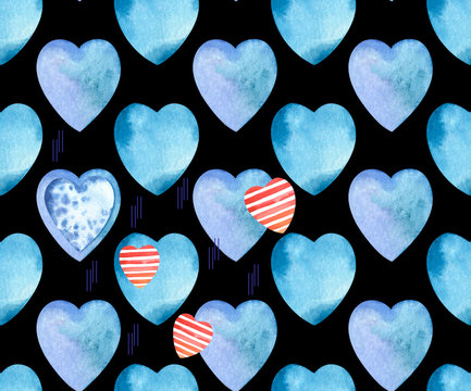 Watercolor seamless pattern of blue and striped hearts on black