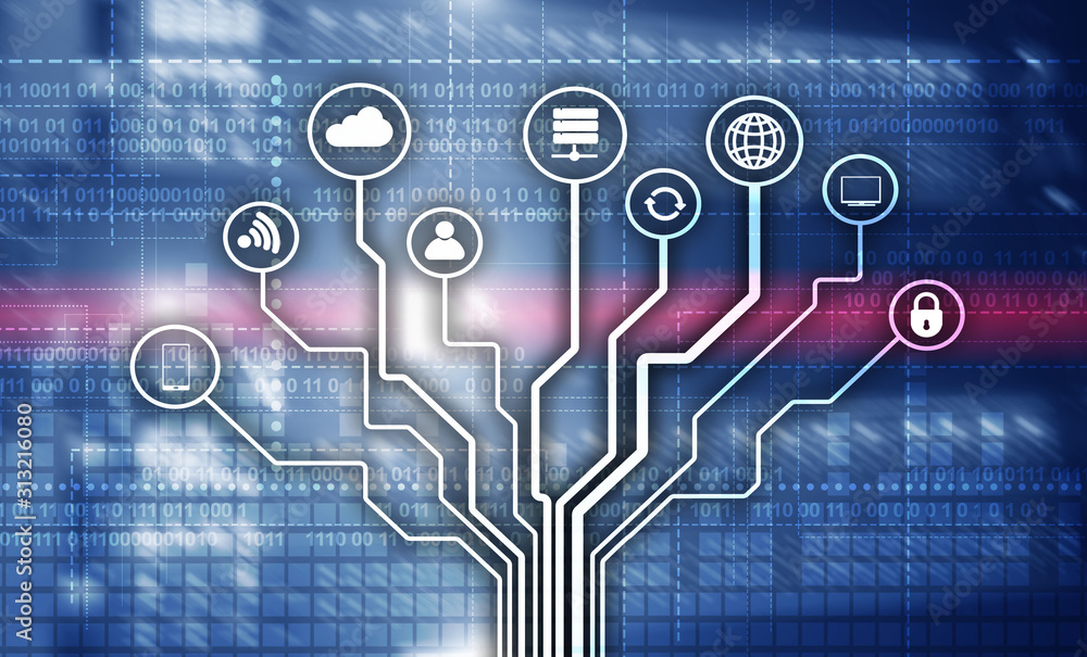 Poster telecommunication concept. binary code on large data center background. technology wallpaper.