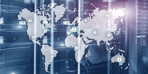 Global cyber security concept communication privacy data protection server room background.