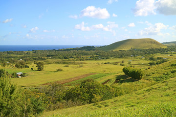 Fototapeta na wymiar Panoramic view of Hanga Roa as seen from Puna Pau, Easter island, Chile