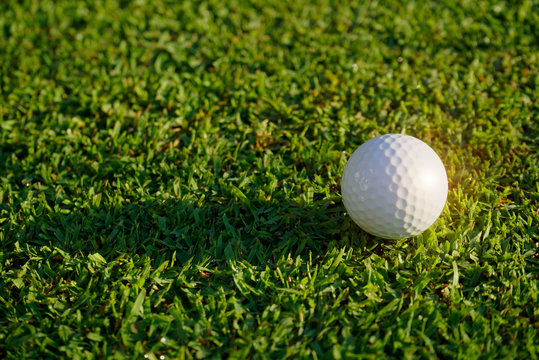 Golf ball on green grass in beautiful golf course