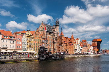 Naklejka na ściany i meble Cityscape of Gdansk old town on the river Motlawa, Poland