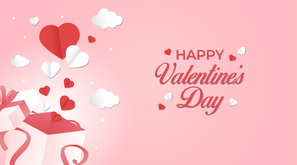 Valentine's Day background with paper hearts and Opened Gift Box