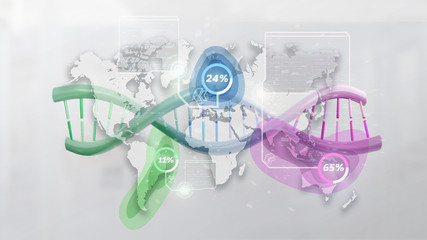 DNA over a world map with geographic localization - genealogy concept - 3d rendering