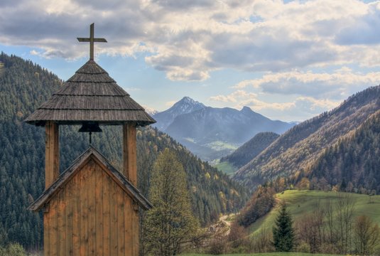 old wooden chapel in the mountains