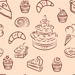 Sweets, bakery, food, tasty retro ,vector seamless pattern . Concept for menu, cards, wrapping paper , cards 