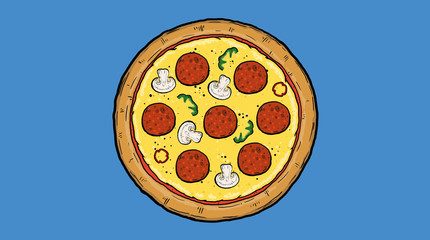 Pizza illustration cartoon style on blue gradient textured background. served fast food. Italian pepperoni mushrooms pizza drawing