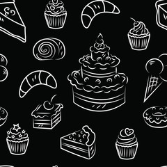 set of cakes and desserts. Sweets, bakery, food, tasty chalk ,vector seamless pattern . Concept for menu, cards, wrapping paper , cards 