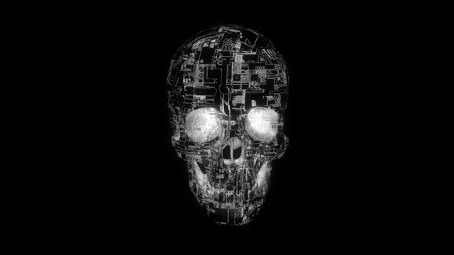 Hacker attack - white on black glowing computer circuit textured skull 3D model illustrating malware and infection