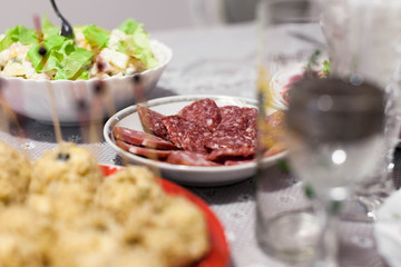 Festive table. Salads and snacks. New year in Russia.