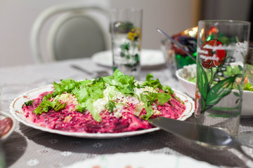 Festive table. Salads and snacks. New year in Russia.