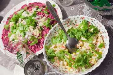 Festive table. Salads and snacks. New year in Russia.