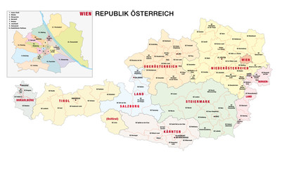 Obraz premium new administrative and political map of austria in german language, 2020