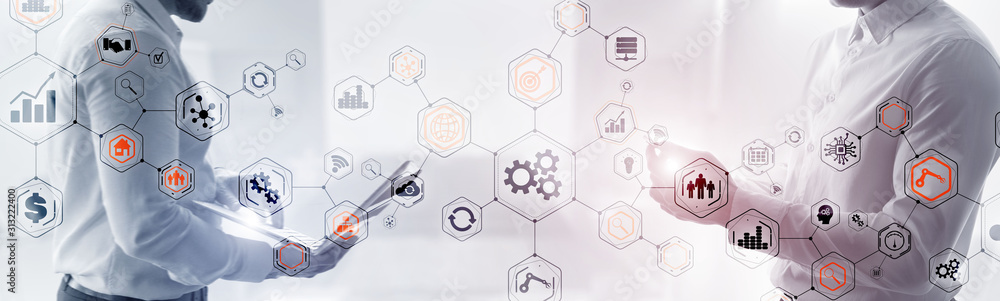 Poster abstract technology industrial business process organisation structure website header banner.