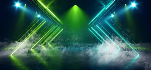 Smoke Fog Sci Fi Neon Green Blue Triangle Retro Glowing Lasers Spot Lights Empty Stage Podium Room Showcase Night Club Garage Underground Cyber Background 3D Rendering