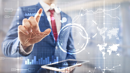 Business intelligence BI Key performance indicator KPI Analysis dashboard transparent blurred background.