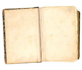 A photo of an opened old book with yellow aged pages. Can be used as a template or as a background.