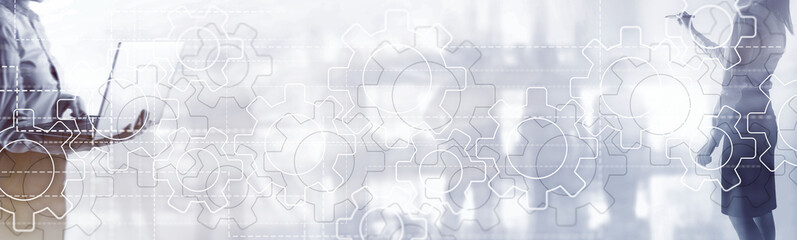 Gears mechanism on panoramic business background. Success Concept.