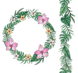 Flower wreath with tropical leaves,  plumeria and orchid. For wedding stationary, greetings, wallpapers, fashion, backgrounds, textures,wrappers, postcards, etc.  Endless pattern brush.