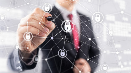 Cyber security, information privacy, data protection concept on modern server room background....