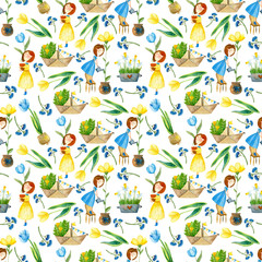 Watercolor seamless pattern Floral design. Girl with a pot of flowers in her hands. Seamless Pattern with cute girl.