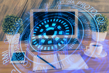 Double exposure of computer and technology theme drawing. Concept of innovation.