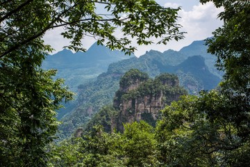  Top view of amazing natural quartz sandstone pillars of fantastic shapes among green woods in the Tianzi Mountains Avatar Mountains, the Zhangjiajie National Forest Park, Hunan Province, China.