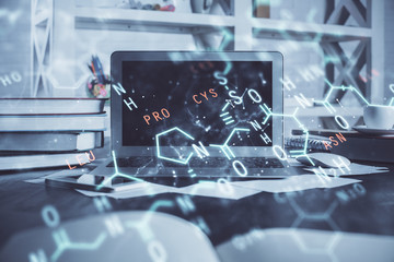 Desktop computer background and formula hologram writing. Double exposure. Education concept.