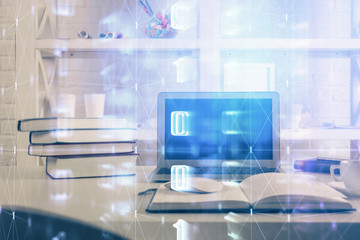 Technology theme drawing and work space with computer. Multi exposure. Concept of innovation.