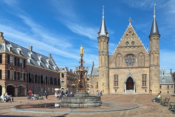 Ridderzaal and fountain in Binnenhof complex in The Hague, Netherlands
