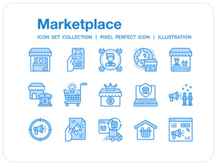 Marketplace Icons Set. UI Pixel Perfect Well-crafted Vector Thin Line Icons. The illustrations are a vector.