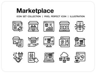 Marketplace Icons Set. UI Pixel Perfect Well-crafted Vector Thin Line Icons. The illustrations are a vector.