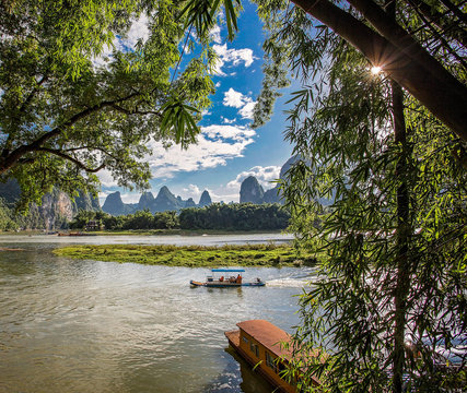  The landscape at the Li River near Yangshou near the city of Guilin in the Province of Guangxi in china in east asia.