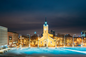 Tallinn, Estonia. Church Of St. John Jaani Kirik At Night Time. Large Lutheran Parish Church In...