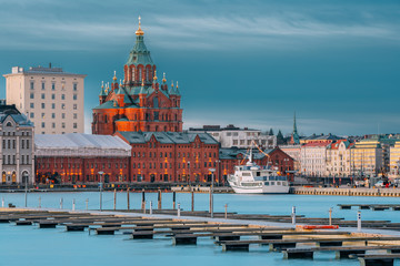 Helsinki, Finland. Kanavaranta Street With Uspenski Cathedral In Winter Morning