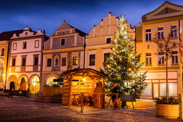 Christmas Tree on Masaryk square at night. Center of a old town of Trebon, Czech Republic.