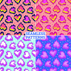 Set of 4 seamless spotted patterns with stylized hearts in leopard print style