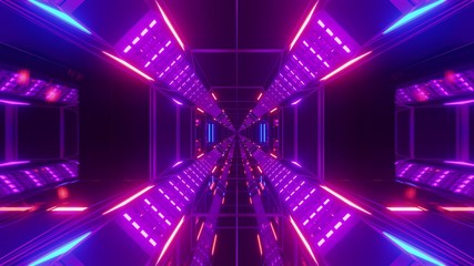 futuristic science-fiction tunnel corridor with metal steal wire-frame kontur and endless glowing lights 3d illustration background wallpaper graphic design