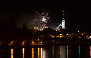 New Year celebration, fireworks in Tabor, Czech Republic.