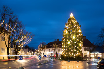 Kuressaare, Estonia. Christmas Tree In Evening Night Christmas Xmas Festive Illuminations