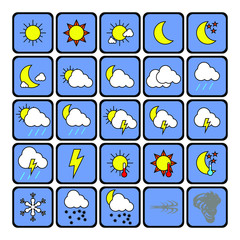 Minimalist icon weather set. With blue rounded square background. Sunny, rainy, thunderstorm, etc can be basic element graphic resource. Simple rounded icon set