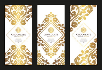 Luxury golden packaging design of chocolate bars. Vintage vector ornament template. Classic elements. Great for food, drink and other package types. Can be used for background and wallpaper.